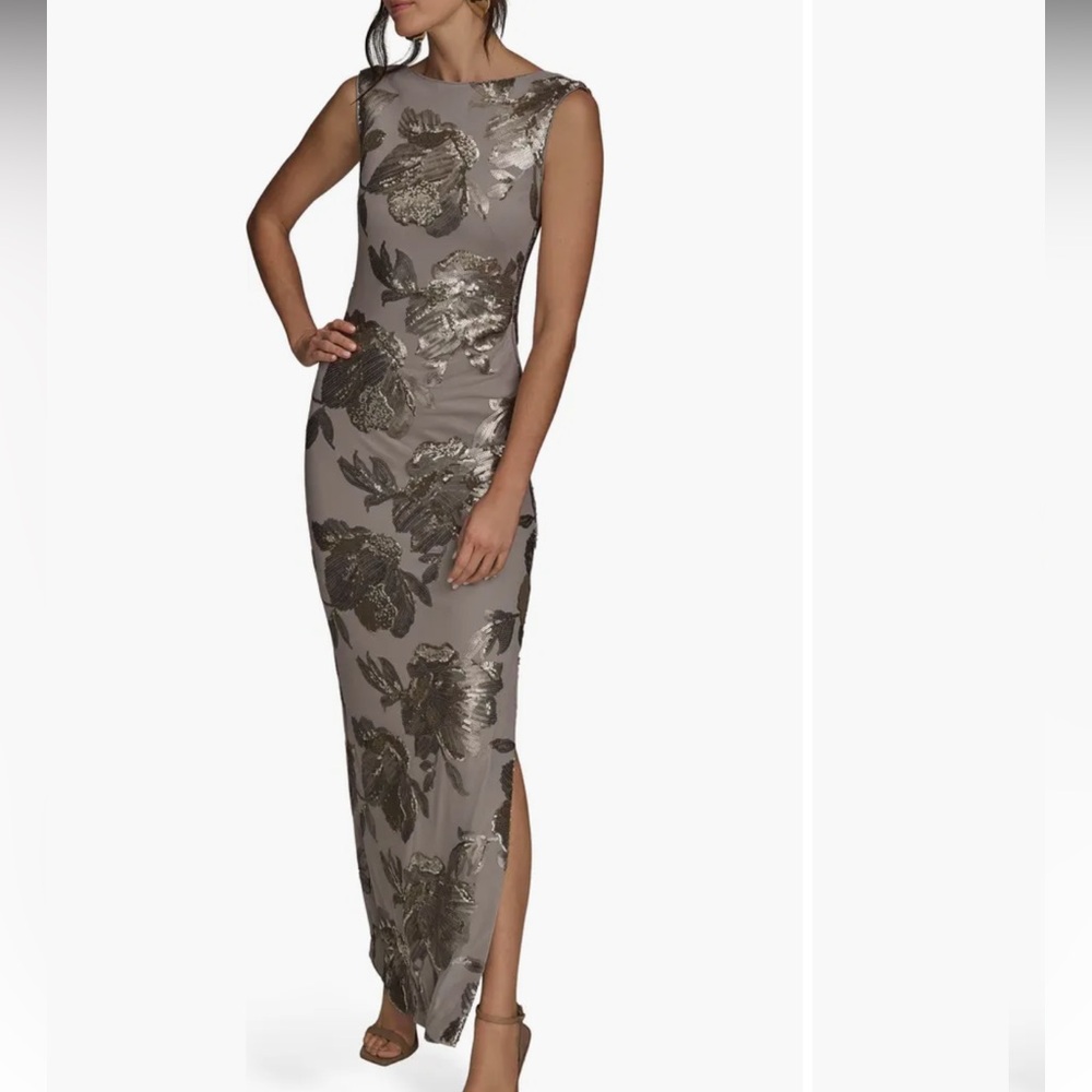 Donna Karan New York SLEEVELESS FLORAL SEQUIN COWL-BACK GOWN